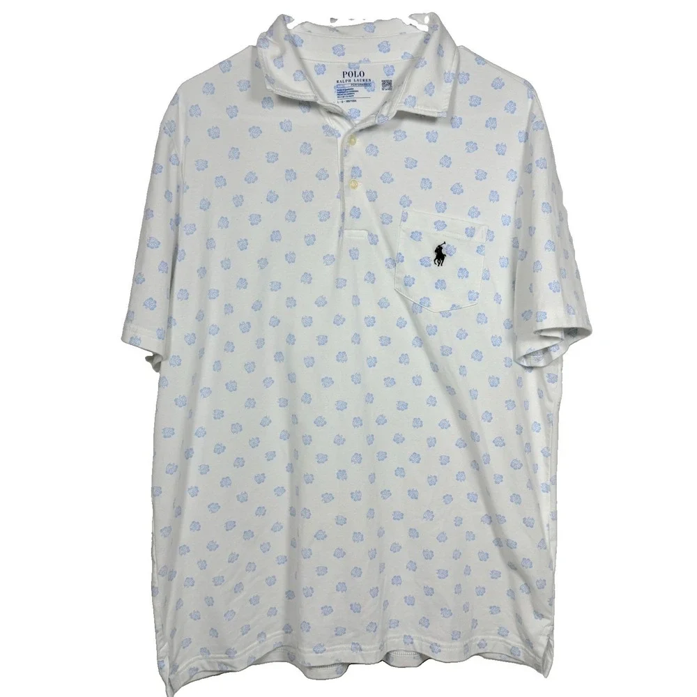 POLO Ralph Lauren Men's Large Performance Pony White Blue Floral Golf Shirt